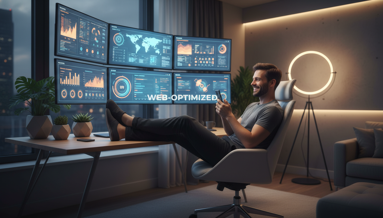 A business owner relaxing while multiple monitors display live business automation dashboards
